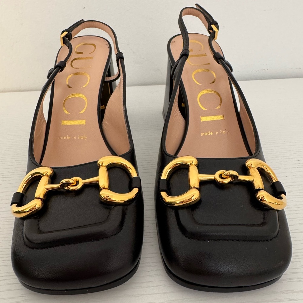 GUCCI Baby Horsebit Slingback Leather Pump Black Gold EU 36 Authentic Shoes - Picture 4 of 11